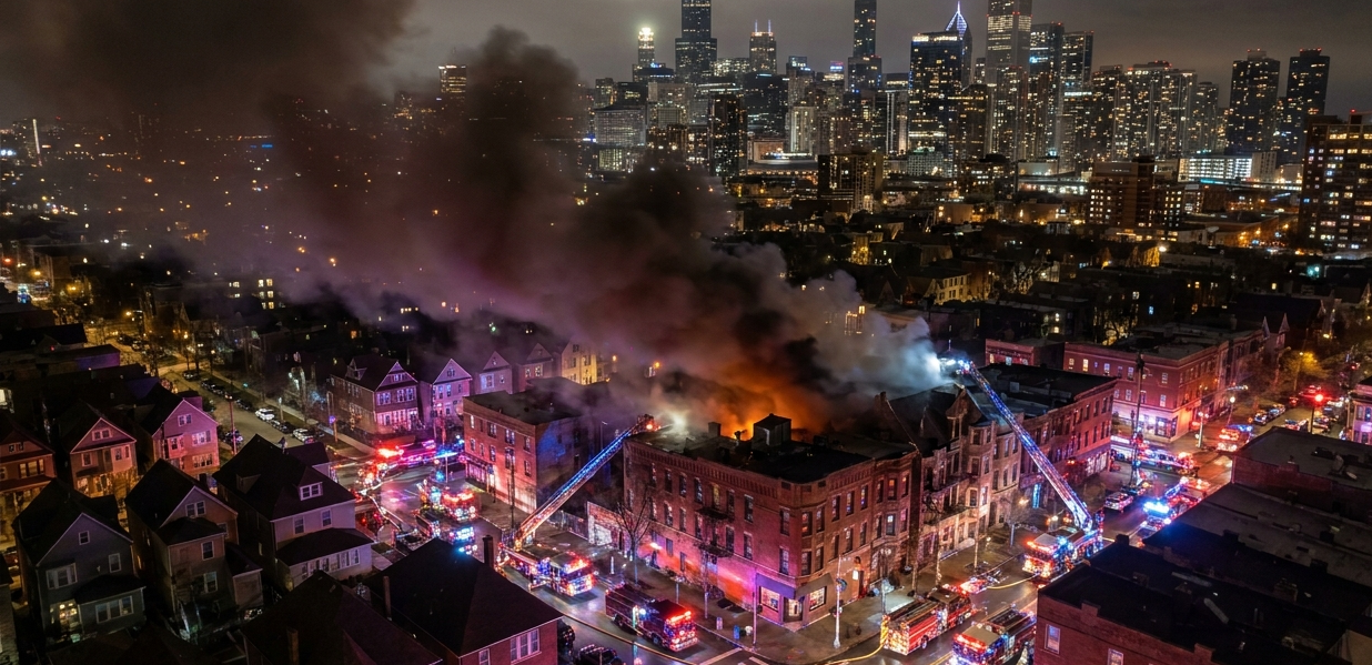Aerial view of a nighttime building fire, responding apparatus, and the surrounding city